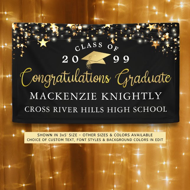 Stylish Black Gold Script Congrats Grad Stars Banner (Creator Uploaded)