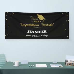 Stylish Black Gold Script Congrats Graduation 2025 Banner