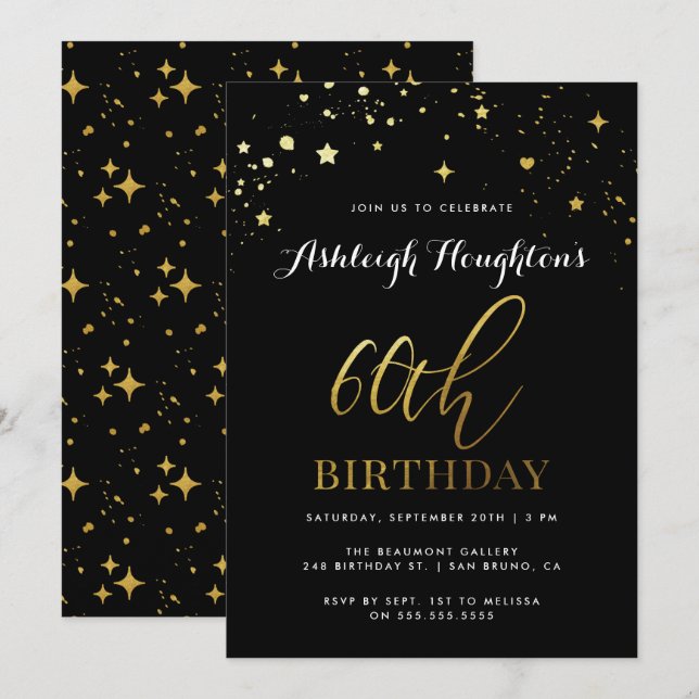 Stylish Black & Gold Star Confetti 60th Birthday Invitation (Front/Back)