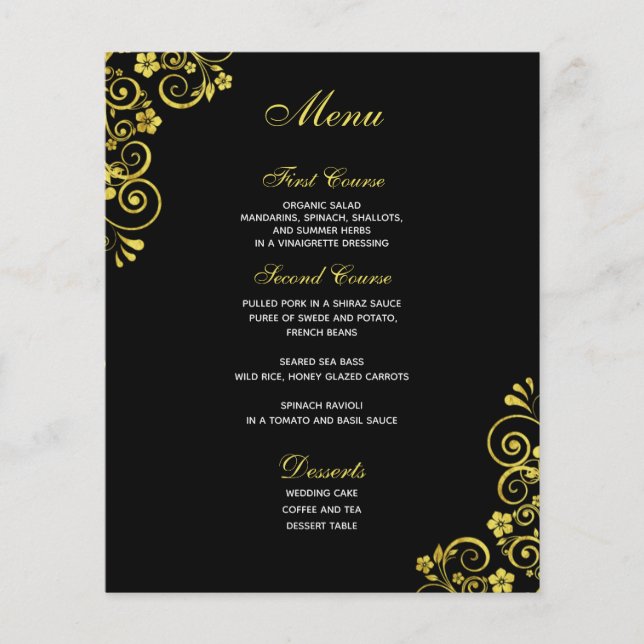 Stylish Black Gold Swirl Wedding Menu (Front)