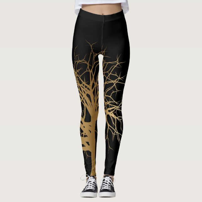 Stylish Black Gold Tree of Life Yoga Leggings (Front)