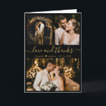 Stylish Black Gold Wedding Photo Collage Thank You<br><div class="desc">Stylish Minimalist Black and Gold Hand Lettered Wedding Photo Thank You Folded Card. Elegant wedding thank you card template featuring three (3) photo on the front and one (1) photo inside. With the text "Love and thanks" in a pretty hand lettered typography script font with swashes in gold colour on...</div>