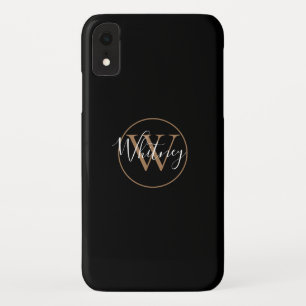 Stylish Black Gold White Script Monogram Name   iPhone XR Case