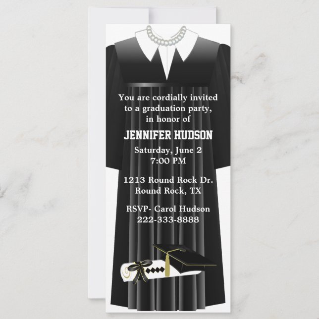 Stylish Black Gown Graduation Party Invitation (Front)