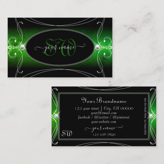 Stylish Black Green Ornate Sparkle Jewels Initials Business Card (Front/Back)