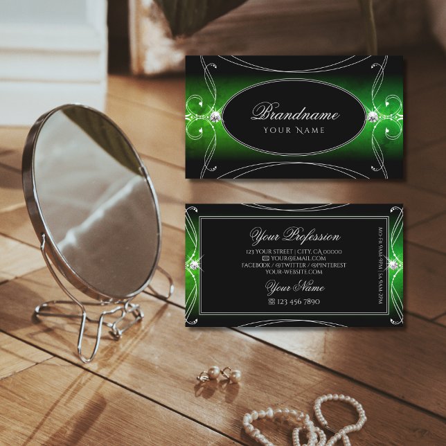 Stylish Black Green Ornate Sparkle Jewels Squiggle Business Card (Creator Uploaded)