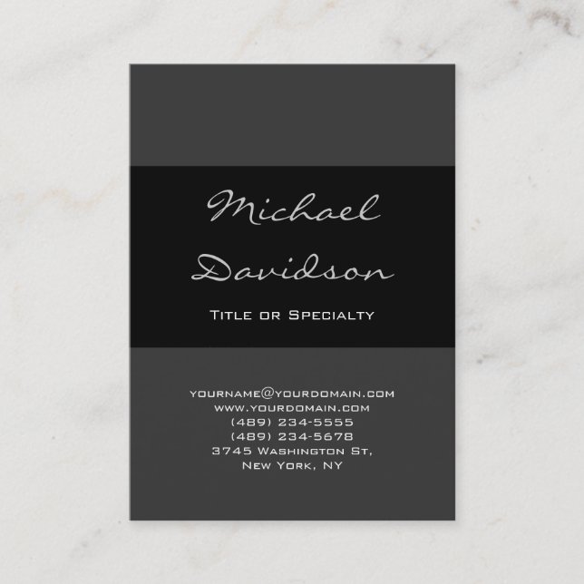 Stylish Black Grey Classical Script Business Card (Front)