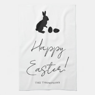 Stylish Black Happy Easter With Bunny Silhouette Tea Towel