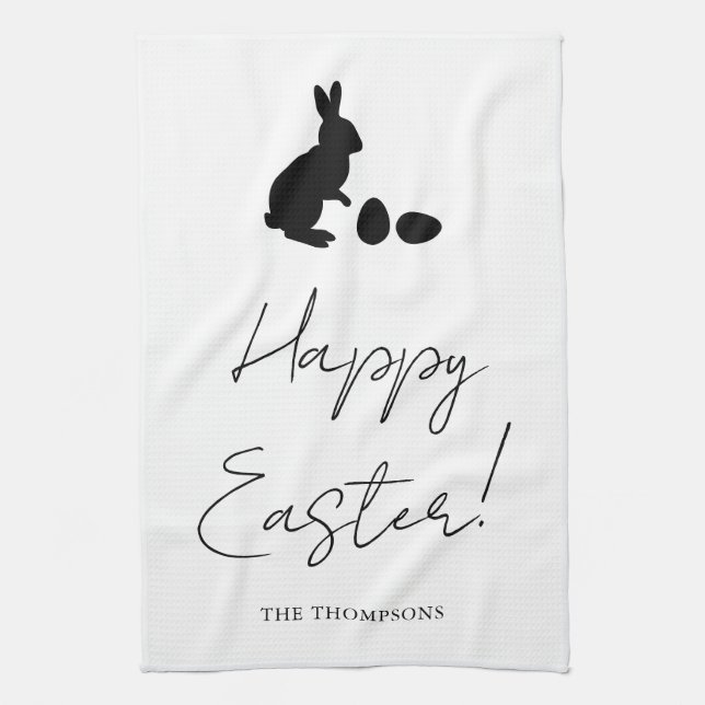 Stylish Black Happy Easter With Bunny Silhouette Tea Towel (Vertical)