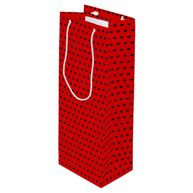 Stylish Black Hearts Pattern On Beautiful Red Wine Gift Bag (Front Angled)