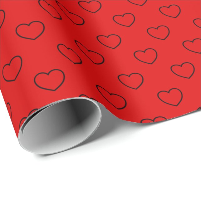 Stylish Black Hearts Pattern On Red Wrapping Paper (Roll Corner)