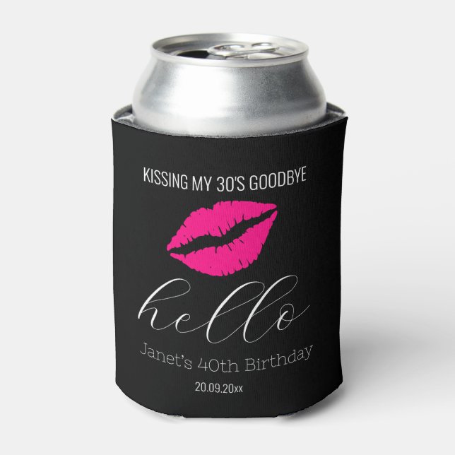 Stylish Black Hello 40 Kissing 30 Goodbye Birthday Can Cooler (Can Front)