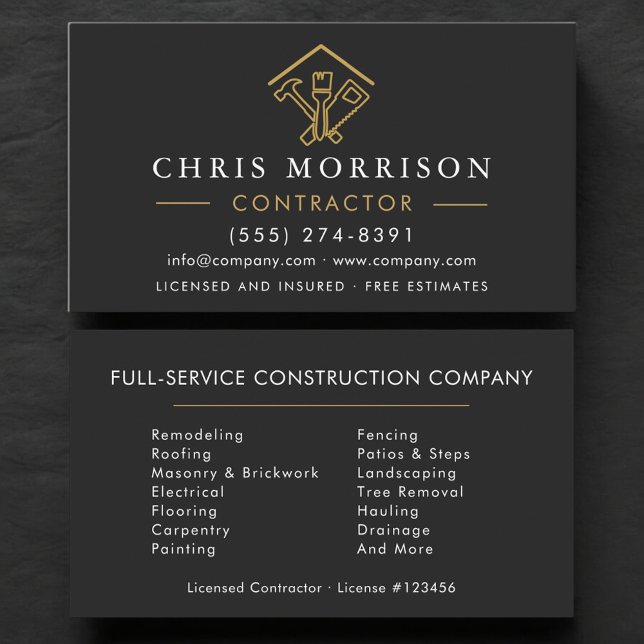 Stylish Black Home Repairs Construction Gold Logo Business Card (Creator Uploaded)