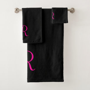Stylish Black Hot Pink Dripping Glitter Monogram Bath Towel Set
