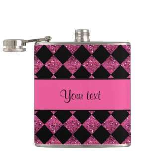 Stylish Black & Hot Pink Glitter Checkers Hip Flask