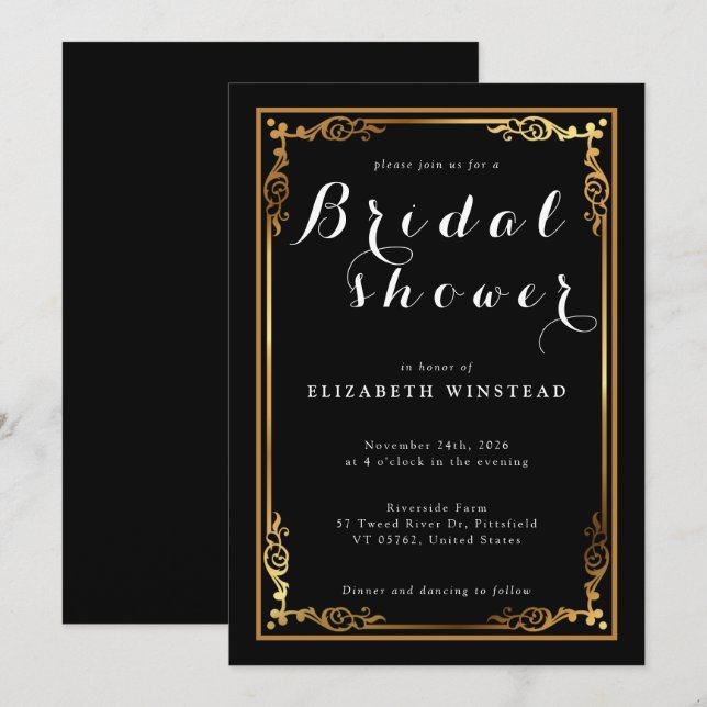 Stylish black invite for a luxe bridal shower (Front/Back)