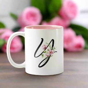 Stylish Black Letter "Y" Pink Flowers Leaves Two-Tone Coffee Mug
