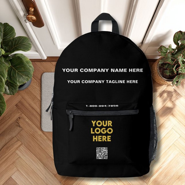 Stylish Black Logo QR Code Company Name Phone Printed Backpack (Creator Uploaded)