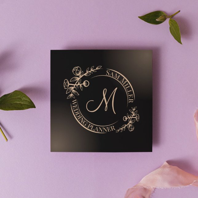 Stylish Black Lux Chic Floral Monogram Square Business Card (Perfect business card for any feminine occupation.)