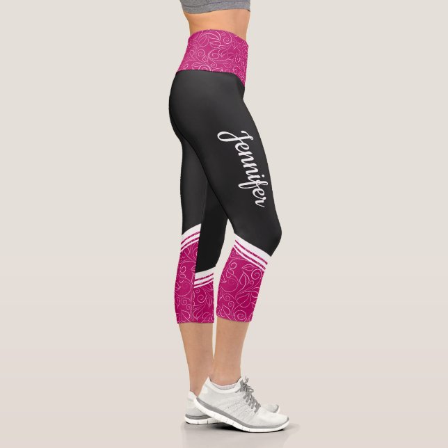 Stylish black magenta floral white stripes & name capri leggings (Right)