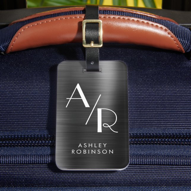 Stylish Black Metal Two Monogram Initial  Luggage Tag (Front Insitu 2)