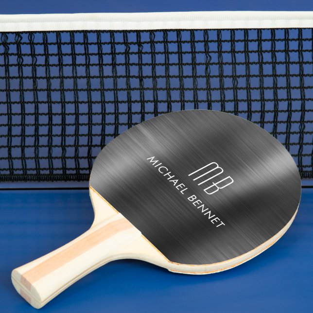 Stylish Black Metallic Monogram Name Ping Pong Paddle (Insitu)