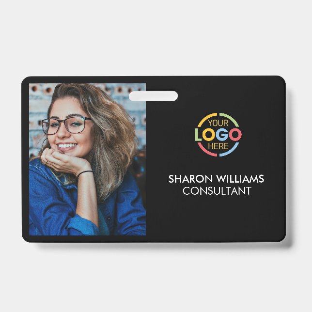 Stylish Black Minimalist Company Employee Photo ID Badge (Front)