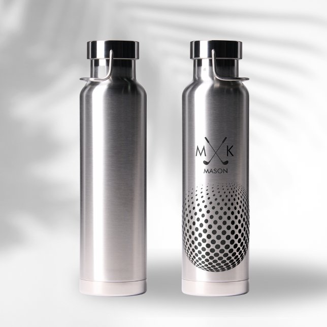 Stylish Black Modern Golf Ball Monogram Water Bottle (Creator Uploaded)