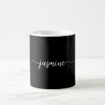 Stylish Black Monogram Name Signature Script  Coffee Mug<br><div class="desc">Girly Minimalist Simple Black Monogram Name Signature Script Custom Personalised Coffee Mug. These design featuring your first name in a pretty hand lettered style swash tail font signature typography in white on black background. These are easy to customise it. Great stylish feminine housewarming gift, also for birthday, mother’s day, wedding,...</div>