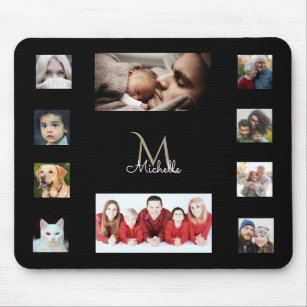 Stylish Black Monogrammed Ten Photo Collage   Mouse Pad
