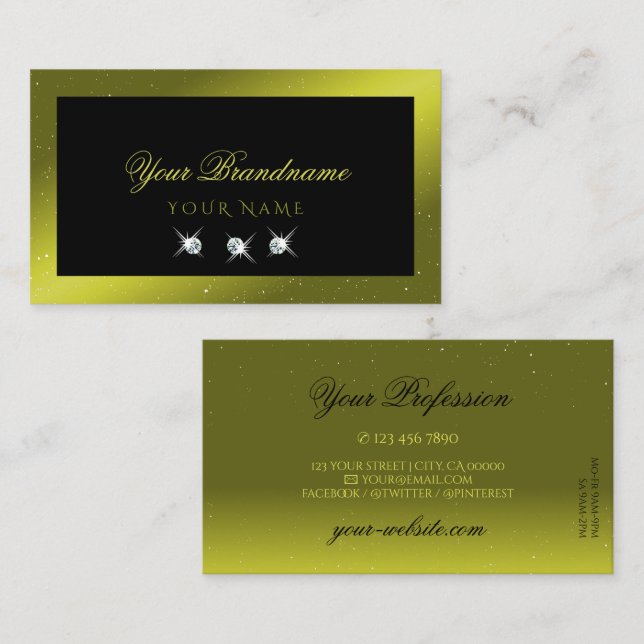 Stylish Black Olive Green Yellow Sparkling Jewels Business Card (Front/Back)