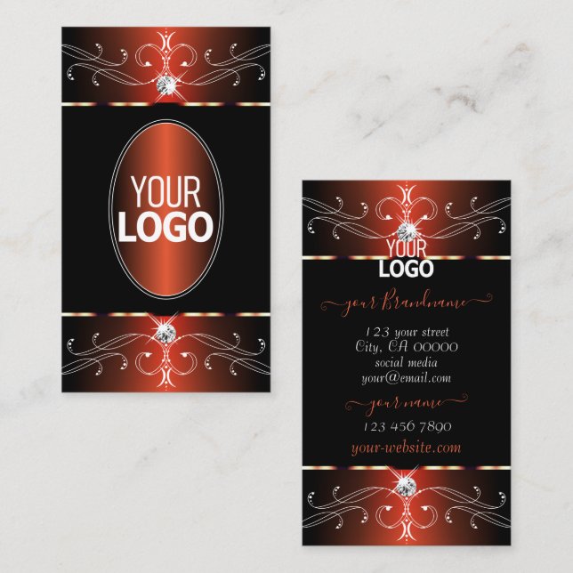 Stylish Black Orange Ornate Ornaments with Logo Business Card (Front/Back)