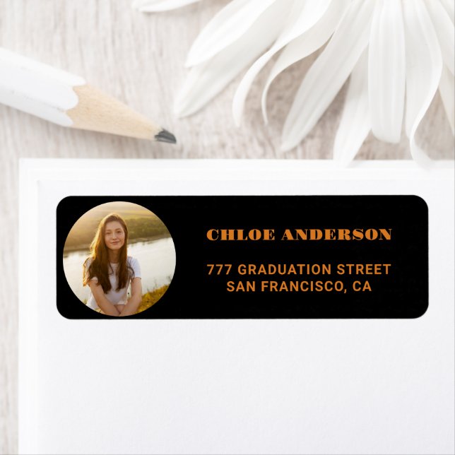 Stylish Black & Orange Photo Grad Return Address Label (Insitu)
