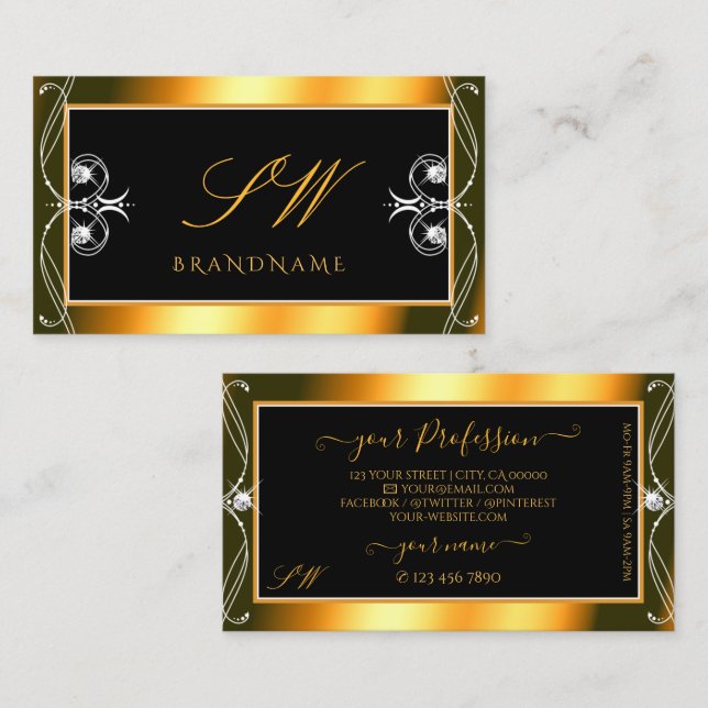 Stylish Black Orange Sparkling Diamonds Initials Business Card (Front/Back)