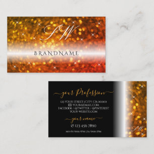 Stylish Black Orange Sparkling Glitter Initials Business Card