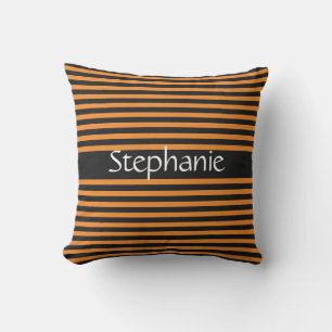 Stylish Black Orange Stripes White Custom Name Cushion