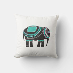 Stylish Black Ornate Elephant, Turquoise Colour Cushion