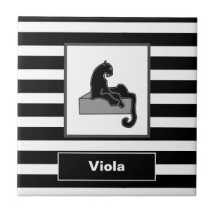 Stylish Black Panther Cat White Modern Ceramic Tile