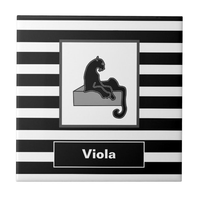 Stylish Black Panther Cat White Modern Ceramic Tile (Front)