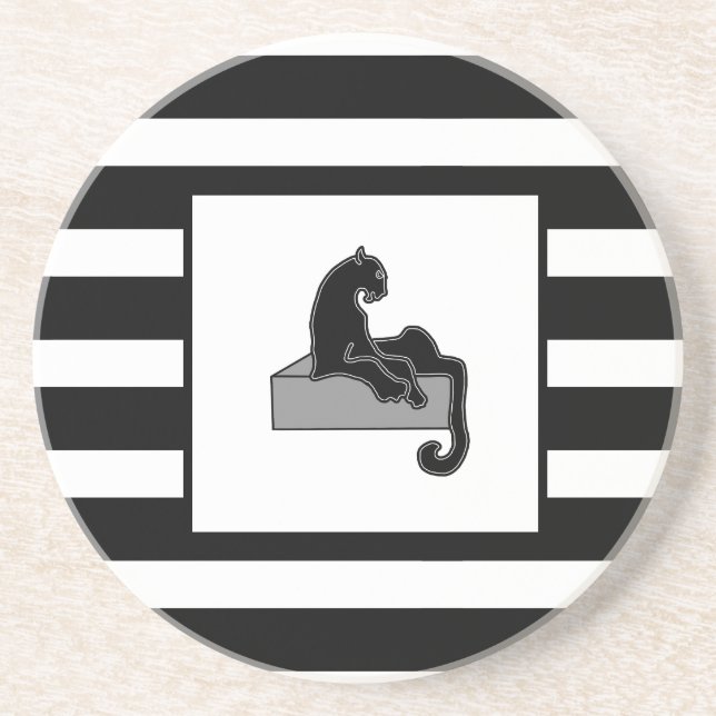 Stylish Black Panther Cat White Modern Coaster (Front)