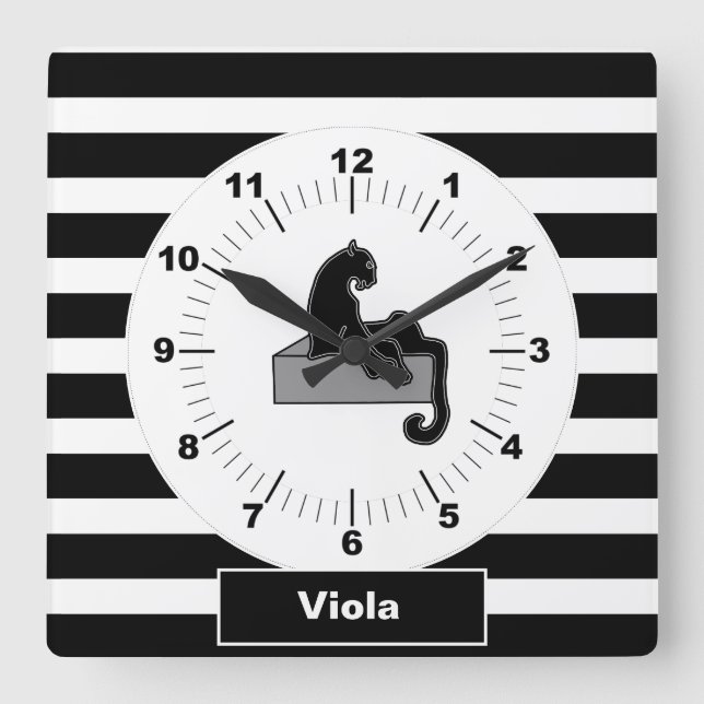 Stylish Black Panther Cat White Modern Square Wall Clock (Front)