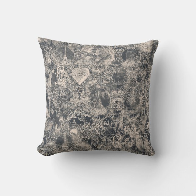 Stylish Black Paris Toile Design Cushion (Front)
