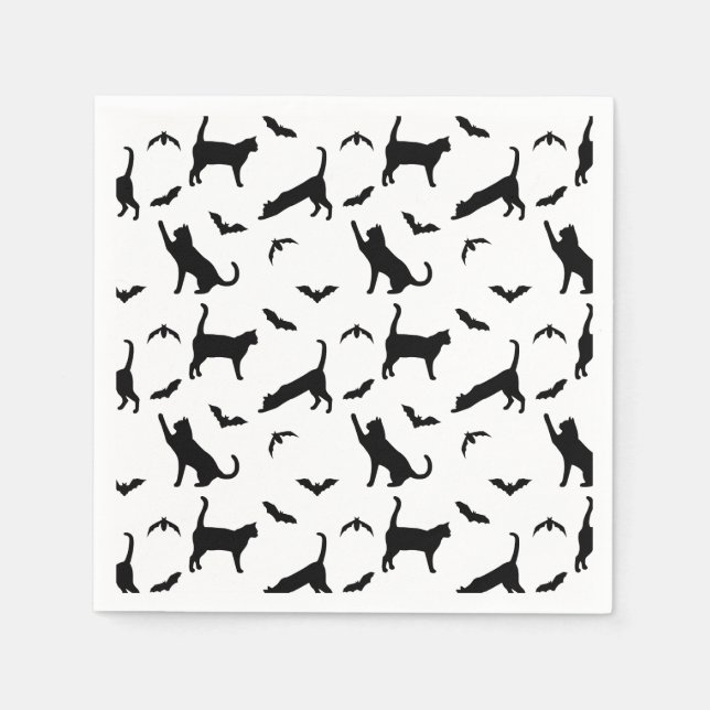 Stylish Black Pattern Of Cats And Bats Halloween Napkin (Front)