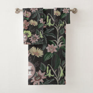 Stylish Black Personalised Monogram Floral Pattern Bath Towel Set