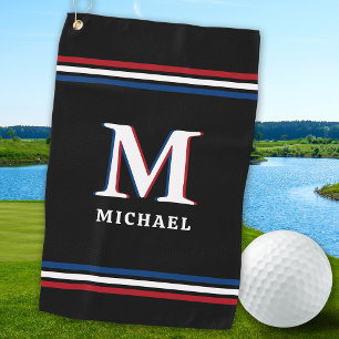 Stylish Black Personalised Monogram Sporty Stripes Golf Towel