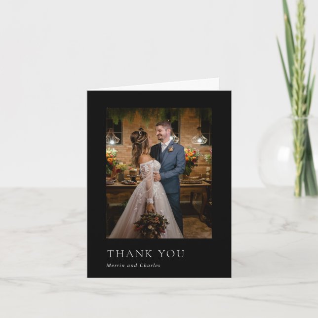 Stylish Black Photo Modern Wedding Thank You Card (Front)