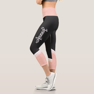 Stylish black & pink floral white stripes and name capri leggings