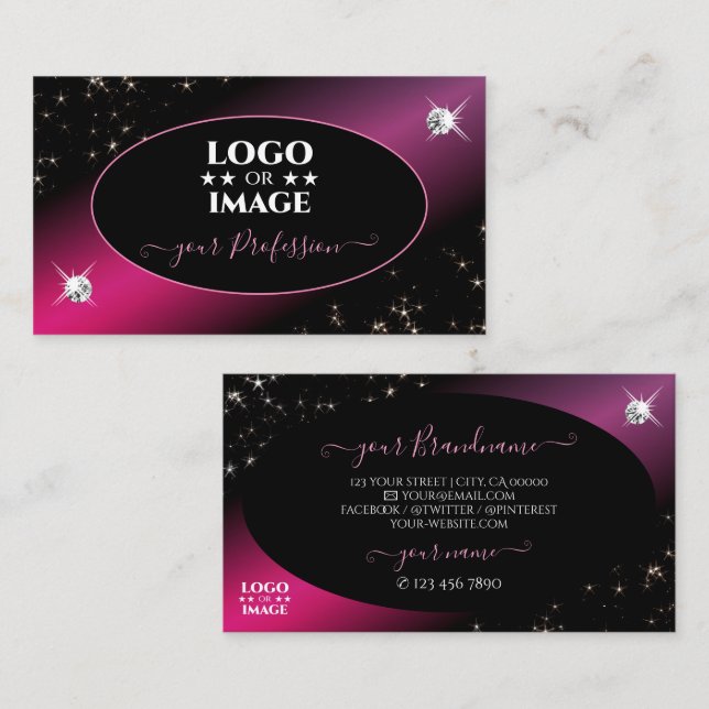 Stylish Black Pink Glitter Stars Diamonds Add Logo Business Card (Front/Back)