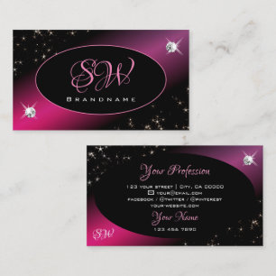 Stylish Black Pink Glitter Stars Diamonds Initials Business Card