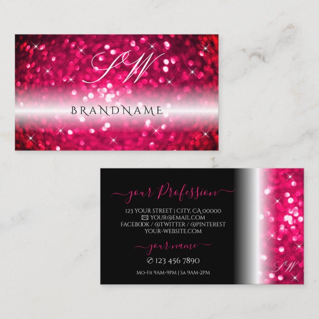 Stylish Black Pink Sparkling Glitter Monogram Chic Business Card (Front/Back)